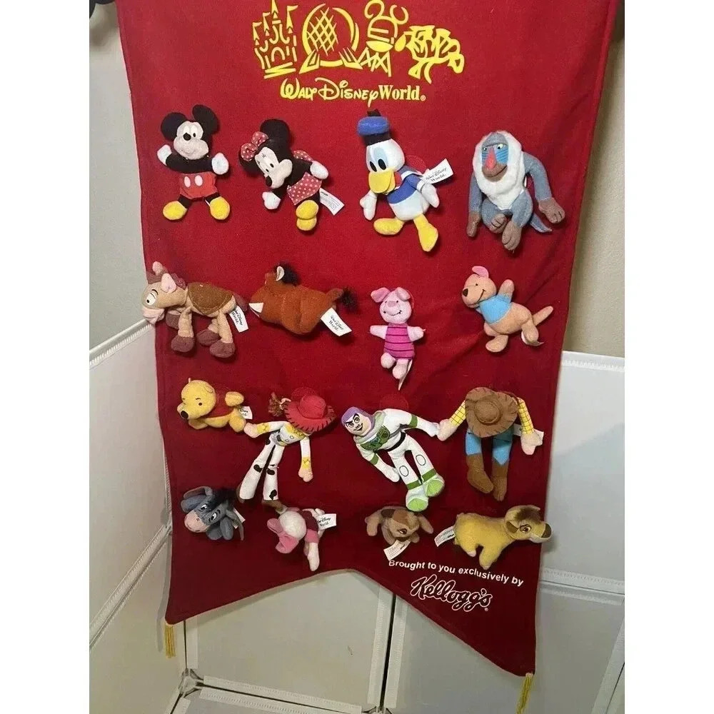 Vintage Disney WDW Kelloggs Mini Bean Plush Set + Wall Banner ALL 16 - COMPLETE!